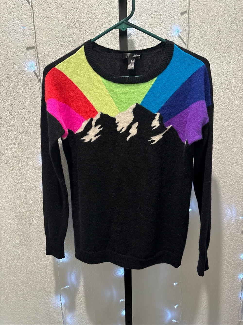 Aqua Black Rainbow Mountain Cashmere Intarsia Sweater